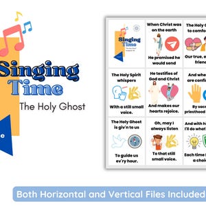 May include: A colorful printable chart with the title "Singing Time: The Holy Ghost" and the month "June". The chart features illustrations and lyrics about the Holy Spirit.