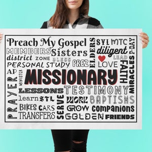 Puede incluir: Un p&oacute;ster blanco con texto negro que dice "Preach My Gospel" e incluye palabras como "Missionary", "Lessons", "Testimony", "Faith", "Love", "Serve", "Work", "Baptisms", "Companions", "Golden" y "Friends". Un coraz&oacute;n rojo est&aacute; en el centro del p&oacute;ster.