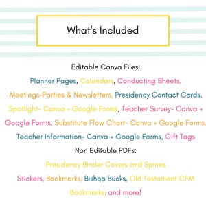 K&ouml;nnte beinhalten: Ein digitales Dokument mit einer Inhaltsliste, die bearbeitbare Canva-Dateien f&uuml;r Planerseiten, Kalender, Leitf&auml;den, Meeting-Materialien, Kontaktkarten, Formulare und Geschenkanh&auml;nger sowie nicht bearbeitbare PDFs f&uuml;r Ordnercover, Buchr&uuml;cken, Sticker und Lesezeichen enth&auml;lt.