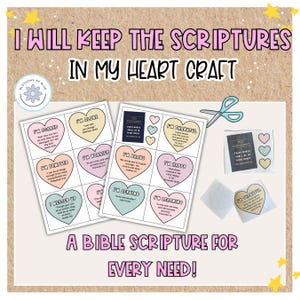 May include: A craft kit with heart-shaped Bible scripture cards. The cards are in various pastel colors and feature phrases like "I'm Thankful" and "I'm Brave." The kit includes a small Old Testament book and a pair of scissors. Text on the image reads "I Will Keep The Scriptures In My Heart Craft."