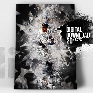 May include: A black and white digital illustration of a baseball player in action, with a shattered glass effect and a black watercolor splatter in the background. The text "DIGITAL DOWNLOAD 20+ SIZES" is in white on the splatter.