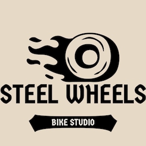 May include: A logo for "Steel Wheels Bike Studio" features a stylized black bicycle wheel with motion lines. The text "STEEL WHEELS" is above a banner that reads "BIKE STUDIO" in a bold, sans-serif font, all on a beige background.