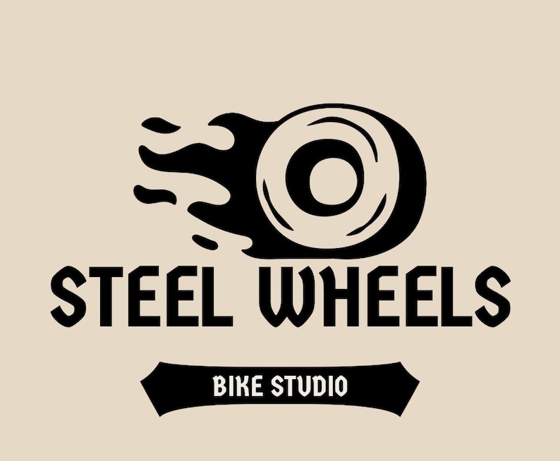 May include: A logo for "Steel Wheels Bike Studio" features a stylized black bicycle wheel with motion lines. The text "STEEL WHEELS" is above a banner that reads "BIKE STUDIO" in a bold, sans-serif font, all on a beige background.