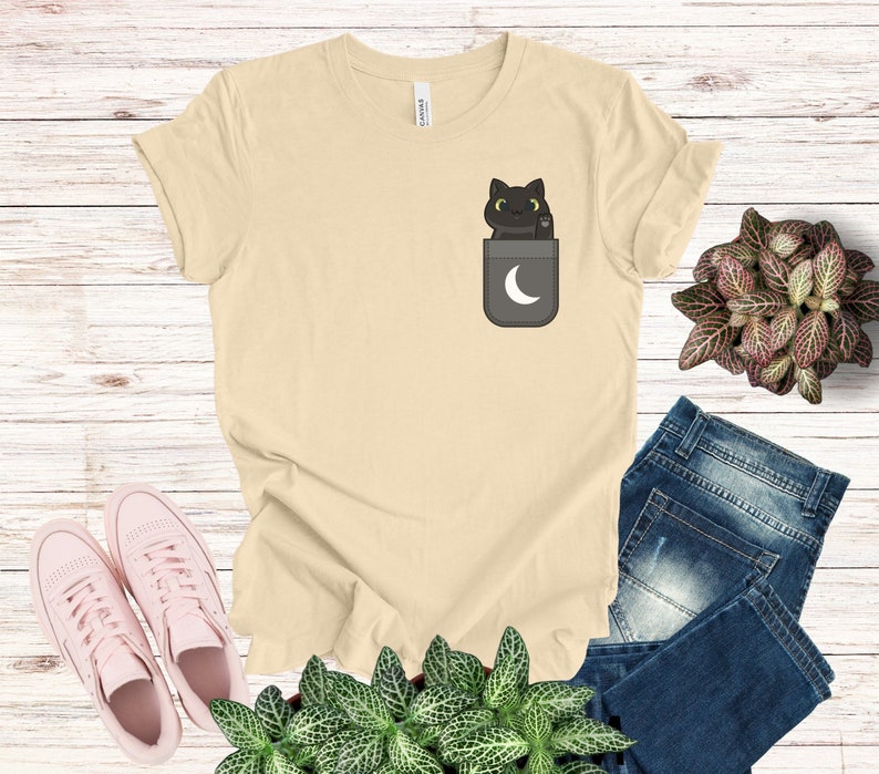 Cute Cat Tshirt Pocket Cat Tshirt Kawaii Cat Shirt Black Etsy