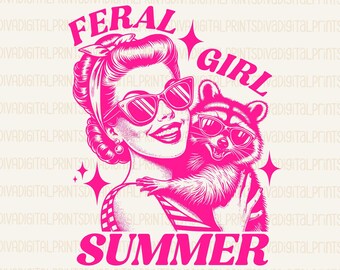 Feral Girl Summer PNG, Retro Raccoon Design (PDF)