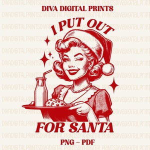 Me presento para Santa Claus PNG, Chica retro navideña PNG, Diseño divertido retro vintage de moda para camisetas gráficas, Humor retro para adultos PNG, pdf, AI