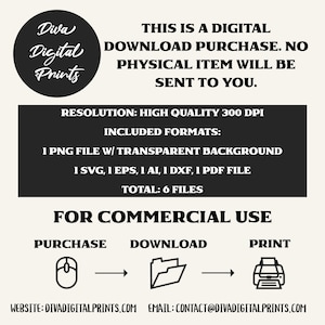 May include: A digital download graphic design product for commercial use. The image shows a black and white illustration of a computer mouse, folder, and printer. The text reads "This is a digital download purchase. No physical item will be sent to you."  "Resolution: High Quality 300 DPI"  "Included Formats: 1 PNG file w/ transparent background 1 SVG, 1 EPS, 1 AI, 1 DXF, 1 PDF file Total: 6 files"  "For Commercial Use"  "Purchase Download Print"  "Website: DivaDigitalPrints.com Email: Contact@DivaDigitalPrints.com"
