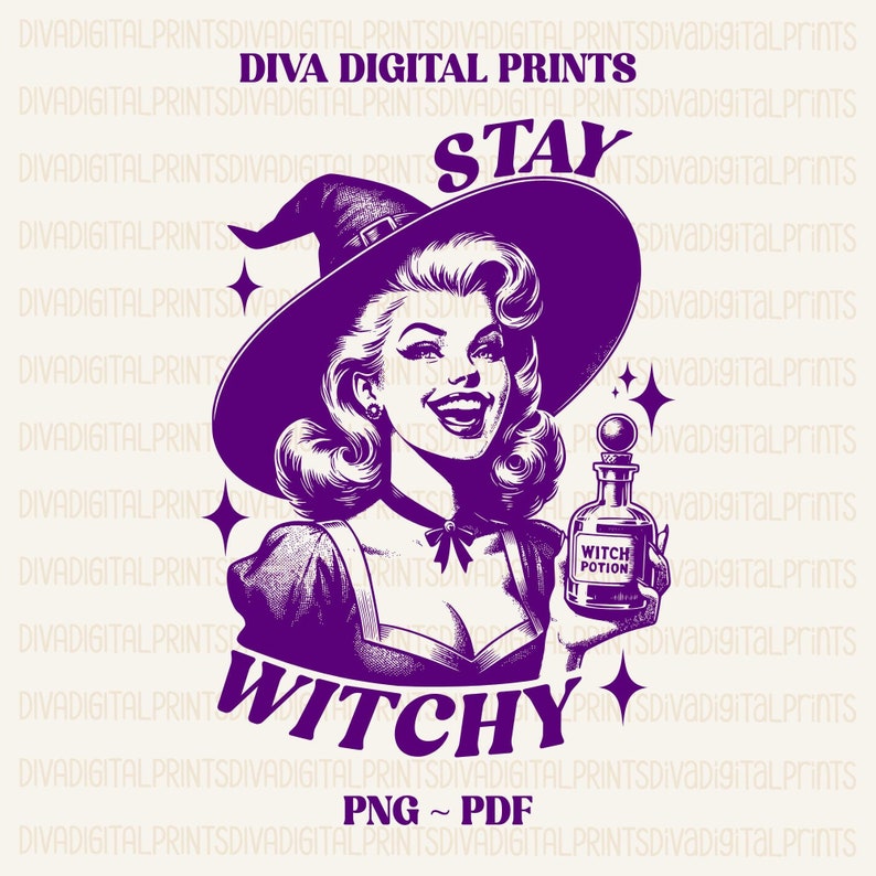 May include: A purple digital print featuring a vintage-style illustration of a smiling woman wearing a witch hat, holding a potion bottle. Text reads "Stay Witchy" and "Witch Potion". The background is a light beige.