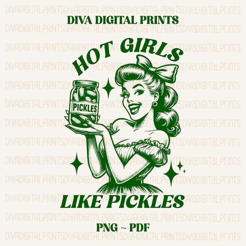ピクルスが好きなホットな女の子 PNG、グラフィック T シャツのトレンディなヴィンテージ レトロ面白いデザイン、レトロな生意気な女の子 PNG、面白いレトロな生意気なピクルス PNG、pdf、AI 画像 1