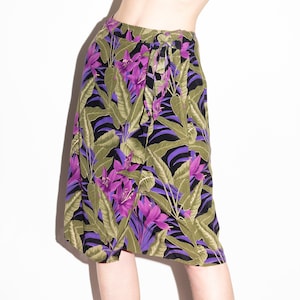 vintage 80s green purple dark tropical Hawaiian print summer beach vacation floral wrap skirt swim coverup