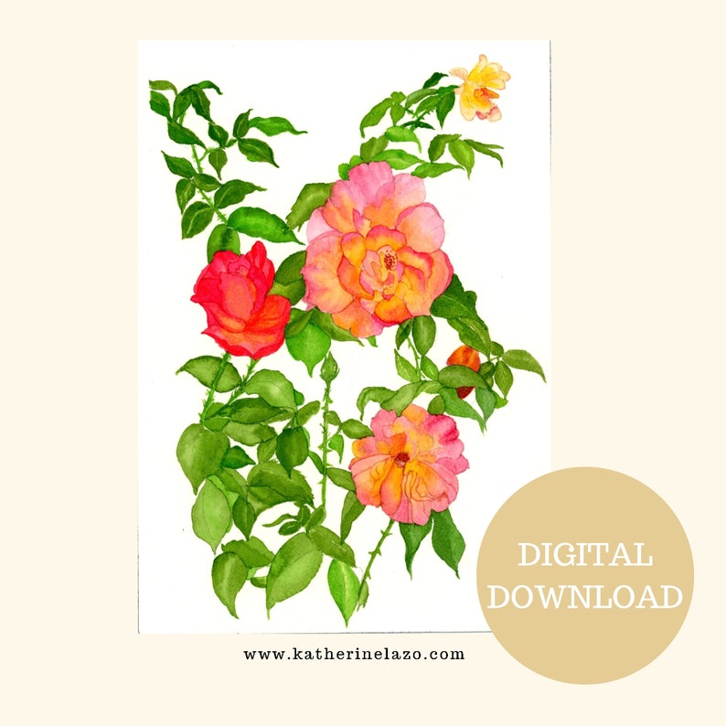 Roses, Watercolor Art, Watercolor Print, Printable Art, Roses Print