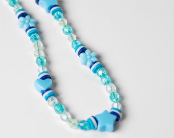 Blue Beaded Phone Charm Strap: Y2K Star Heart Lanyard