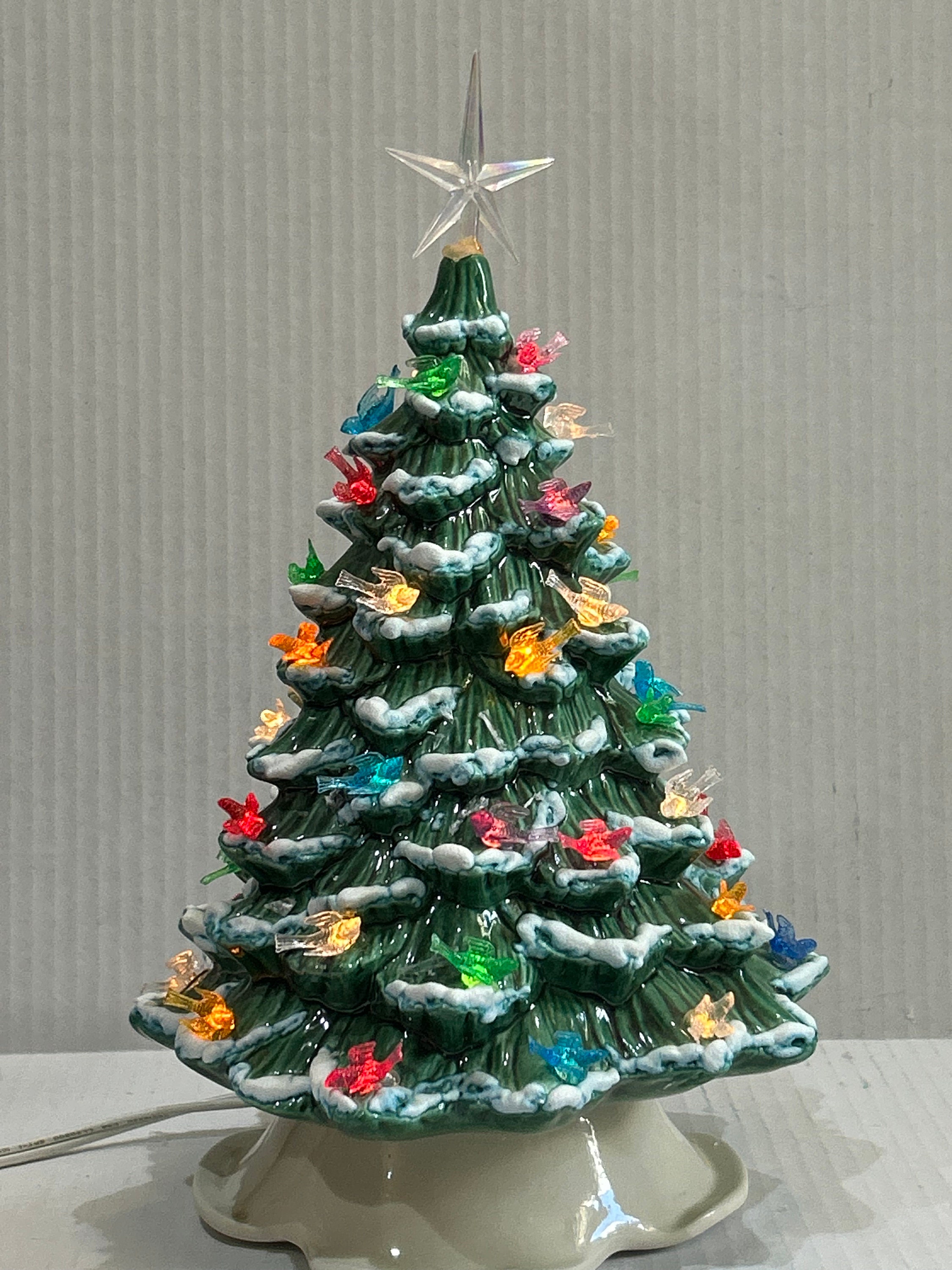 Vintage Ceramic Tabletop Christmas Tree With Multicolored Bird