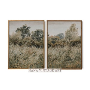 Rustic Nature Landscape Wall Art, Set of 2 Framed Prints, Botanical Field Artwork, Vintage Style Decor for Living Room, Cottagecore Art #S21
