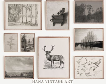 Vintage Wall Set Print Neutral Wall Art Moody Nature Art Printable Gallery Wall Art Decor Black White Digital Download Dark Art #S93