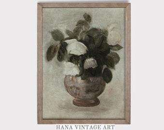 Arte botánico vintage Pintura de bodegones neutros Rosas blancas impresión de arte Decoración de granja Arte de pared imprimible Descarga digital Cottagecore 112