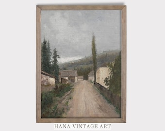 ヴィンテージ都市景観アートプリント ヨーロッパの村の絵画 ダウンロード可能 コテージコア 壁装飾 素朴なアート 印刷可能 アンティーク デジタルダウンロード #97