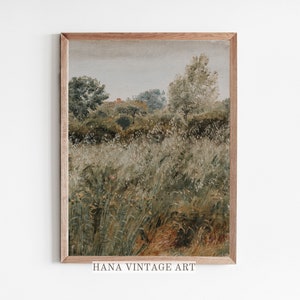 PRINTABLE Vintage Cottage Landscape Painting Wild Flower Print Meadow Art Farmhouse Wall Art Digital Download Muted Landscape Moody #129