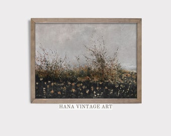Imprimable fleurs sauvages champ paysage peinture à l'huile ton sombre vintage estampes rustique pays de mauvaise humeur décoration murale antique téléchargement numérique #138