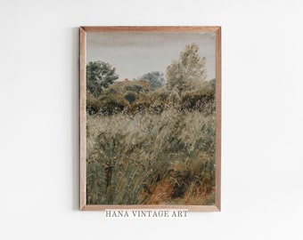 IMPRESSION vintage cottage paysage peinture fleurs sauvages impression prairie art ferme art mural téléchargement numérique paysage en sourdine maussade #129