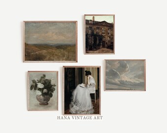 Vintage Gallery Wall Art Set Neutral Wall Decor Dark Art Print Set Of Five Rustic Gallery Printable Farmhouse Art Set Digital Download #S51