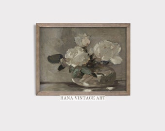 Neutral Roses Painting Vintage Flower Print Antique Botanical Digital Download Floral PRINTABLE Wall Art Rustic Wall Decor Moody Flowers #15