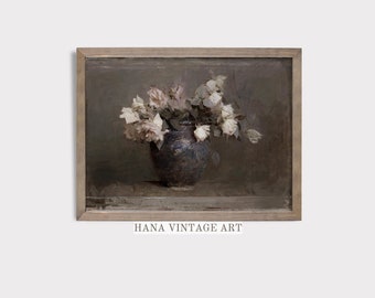 Vintage Moody Flowers Wall Art Prints Roses Neutral Painting Rustic Wall Decor Botanical Printable White Roses Digital Art Prints #182
