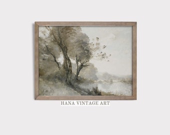 Landscape Wall Art Nature Wall Decor Muted Green Tones Digital Download Neutral Art Printable Moody Landscape Painting Prints  #134
