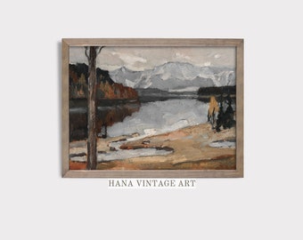 Rustic Autumn Lake Landscape Painting Digital Print Vintage Fall Mountain Wall Art Decor Muted Landscape Art Prints Antique Printable #181