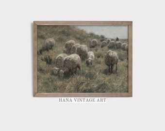 Vintage Fram Animal Prints Sheep Painting Landscape Digital Wall Art Green Pasture Art Prints Landscape Wall Decor Moody Digital Art #183