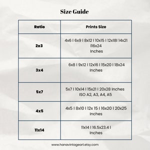 Peut inclure: Un guide des tailles pour les impressions, montrant diff&eacute;rents rapports d'aspect et les tailles d'impression correspondantes en pouces. Les rapports incluent 2x3, 3x4, 5x7, 4x5 et 11x14. Les tailles d'impression sont indiqu&eacute;es en pouces, certaines tailles correspondant &eacute;galement aux formats de papier ISO.