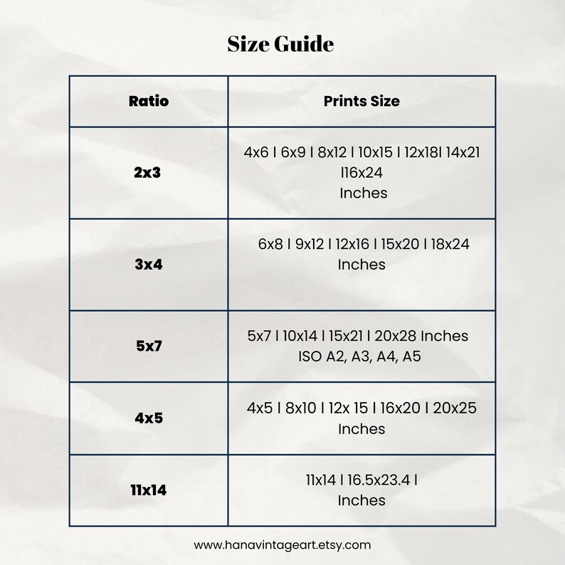 Peut inclure: Un guide des tailles pour les impressions, montrant diff&eacute;rents rapports d'aspect et les tailles d'impression correspondantes en pouces. Les rapports incluent 2x3, 3x4, 5x7, 4x5 et 11x14. Les tailles d'impression sont indiqu&eacute;es en pouces, certaines tailles correspondant &eacute;galement aux formats de papier ISO.