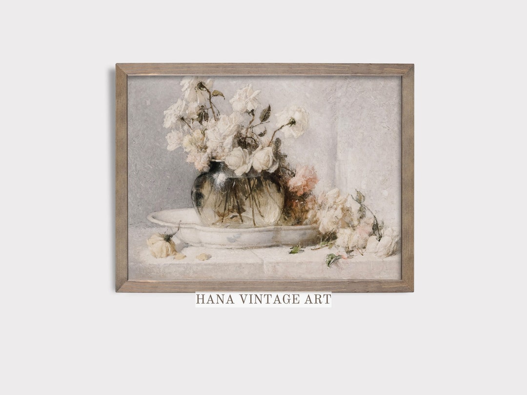 Victorian Still Life Art | Neutral Painting | White Flower Vase | Moody ...
