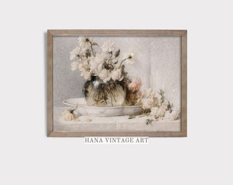 Victorian Still Life Art | Neutral Painting | White Flower Vase | Moody Roses Wall Decor | Vintage Art Printable Digital Antique |  #173