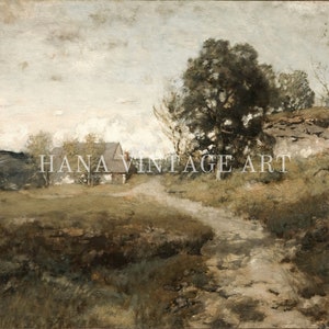 Peut inclure: Une peinture repr&eacute;sentant un paysage rural avec une petite maison au loin, un chemin de terre sinueux menant &agrave; la maison et des arbres de chaque c&ocirc;t&eacute; du chemin. Le ciel est bleu clair avec quelques nuages.