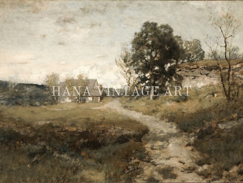 Peut inclure: Une peinture repr&eacute;sentant un paysage rural avec une petite maison au loin, un chemin de terre sinueux menant &agrave; la maison et des arbres de chaque c&ocirc;t&eacute; du chemin. Le ciel est bleu clair avec quelques nuages.