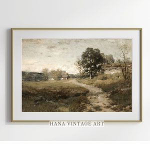 Peut inclure: Une peinture vintage repr&eacute;sentant un paysage rural avec une petite maison, des arbres et un chemin de terre menant au loin. La peinture est encadr&eacute;e dans un cadre dor&eacute; et pr&eacute;sente une palette de couleurs douces.