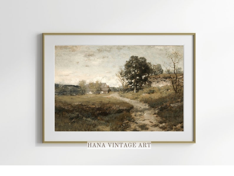 Peut inclure: Une peinture vintage repr&eacute;sentant un paysage rural avec une petite maison, des arbres et un chemin de terre menant au loin. La peinture est encadr&eacute;e dans un cadre dor&eacute; et pr&eacute;sente une palette de couleurs douces.