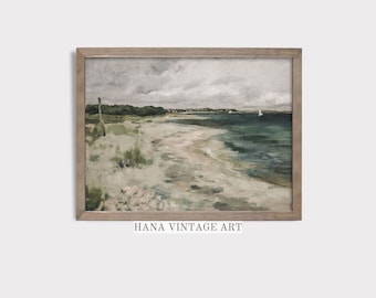 Vintage Küstenlandschaft Gemälde | Strand Haus Wand Kunst Dekor | Neutrales Dekor | DRUCKBARE Digitale Kunst | Wanddekoration | Ozean Kunst | #169