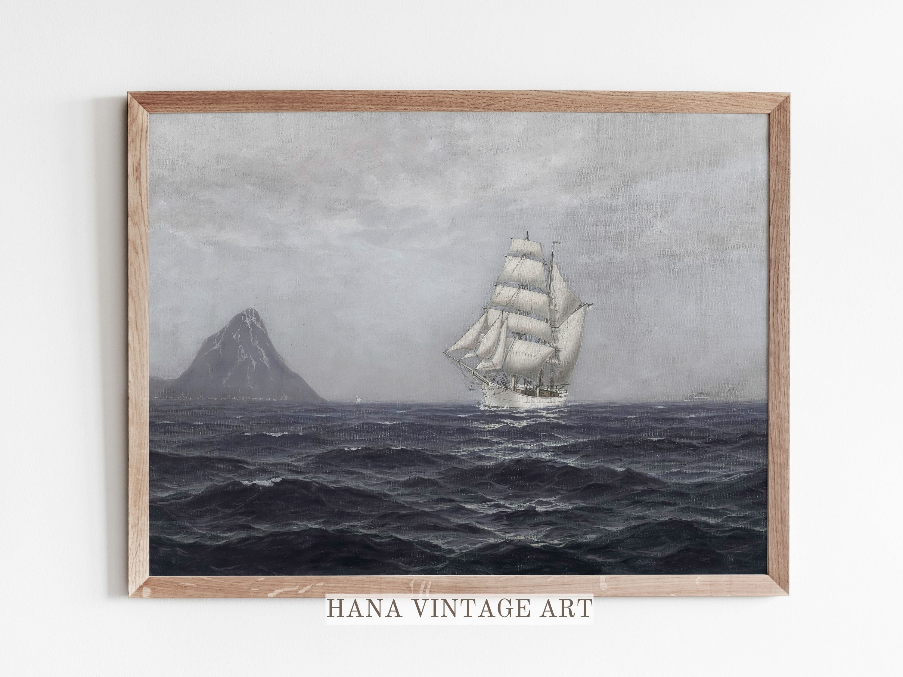 Vintage Ship Ocean Painting Printable Wall Art Moody Seascape Digital ...