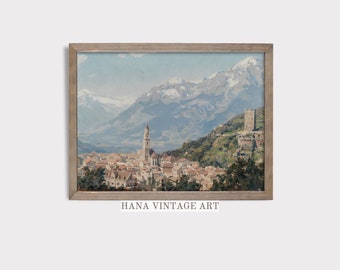 Pintura de paisaje europeo Vintage pared arte montaña digital imprimible vintage decoración del hogar Descargar #148