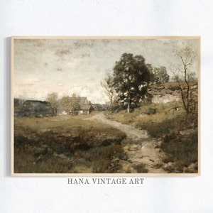 Peut inclure: Une peinture vintage repr&eacute;sentant un paysage rural avec une petite maison au loin, un chemin de terre menant &agrave; la maison et des arbres de chaque c&ocirc;t&eacute; du chemin. Le ciel est nuageux et les couleurs sont douces.