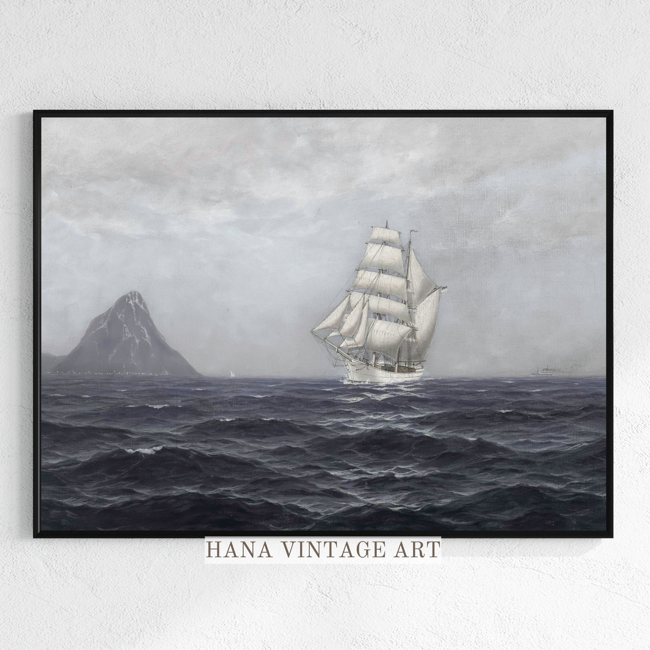 Vintage Ship Ocean Painting Printable Wall Art Moody Seascape Digital ...