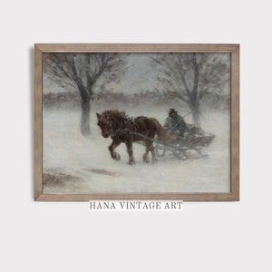 Vintage Farmhouse Wall Art Country Winter Painting Sleigh ride Printable wall decor Digital download Rustic farmhouse Winter landscape 215