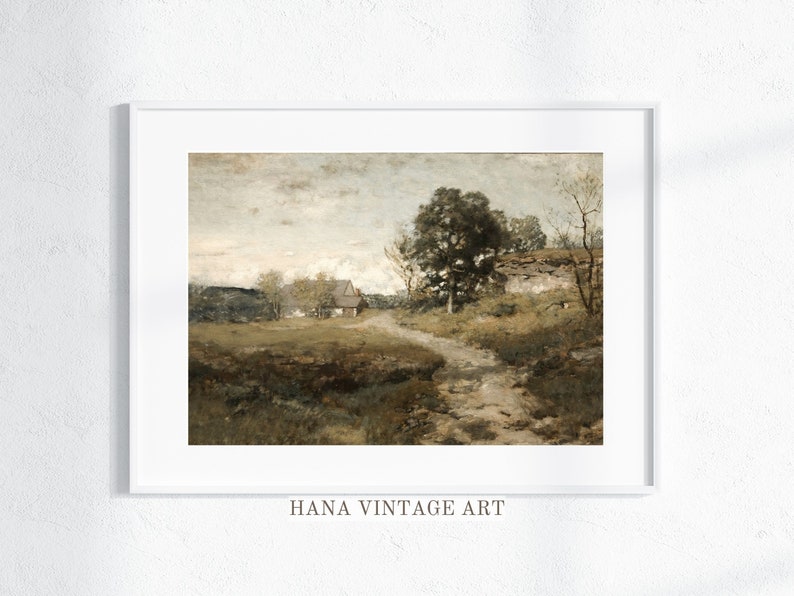 Peut inclure: Une peinture vintage repr&eacute;sentant un paysage rural avec une petite maison, des arbres et un chemin de terre menant au loin. Le ciel est nuageux et les couleurs sont douces.
