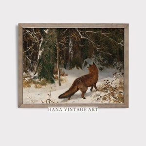 Vintage Winter Landscape Print | Fox in Winter Painting | Winter Scene Wall Art | Antique Christmas Printable Art | Rustic Animal Digital 60