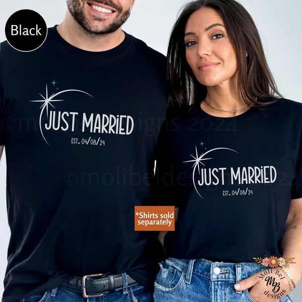 Mystical Just Married Wedding Shirts 04.08.2024 Wife Hubs Totality Path Couple T-Shirts US Solar Eclipse Marriage Gift Rare Sun Moon Eclipse