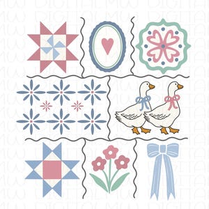 May include: A digital illustration featuring a grid of various designs. The grid includes quilt block patterns, floral motifs, a heart-shaped design, two geese with bows, and a blue bow. The color palette consists of soft blues, pinks, and whites.