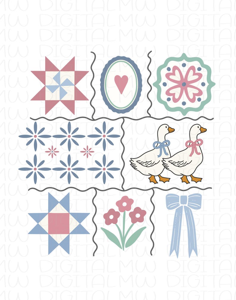May include: A digital illustration featuring a grid of various designs. The grid includes quilt block patterns, floral motifs, a heart-shaped design, two geese with bows, and a blue bow. The color palette consists of soft blues, pinks, and whites.