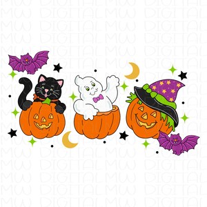 May include: A Halloween-themed illustration featuring a black cat, a ghost, and a jack-o'-lantern, each emerging from an orange pumpkin. Purple bats, stars, and moons complete the festive design. The image has a white background.